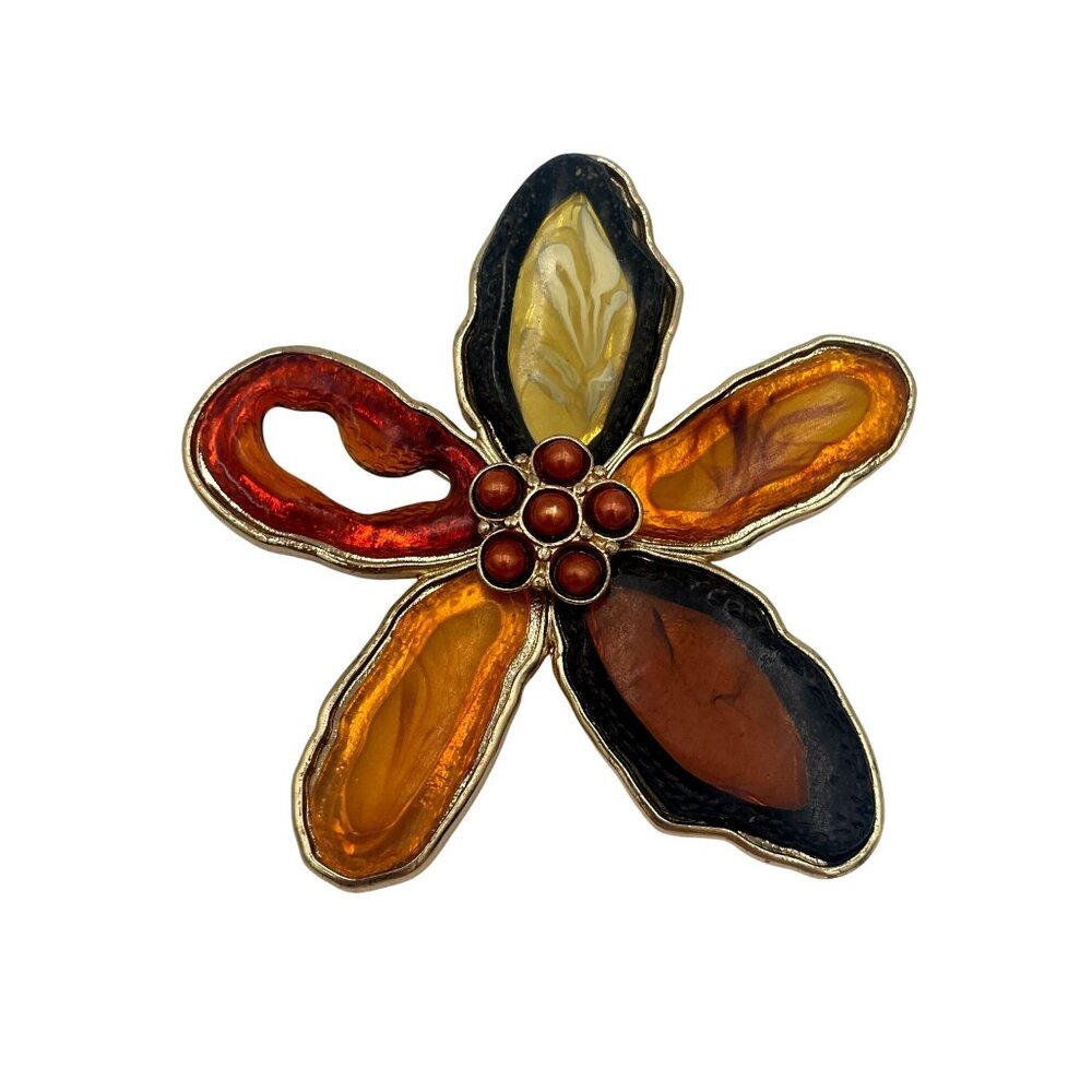 Vintage Large Floral Resin Brooch Bold Nature Colors Textured Gold Tone Backing